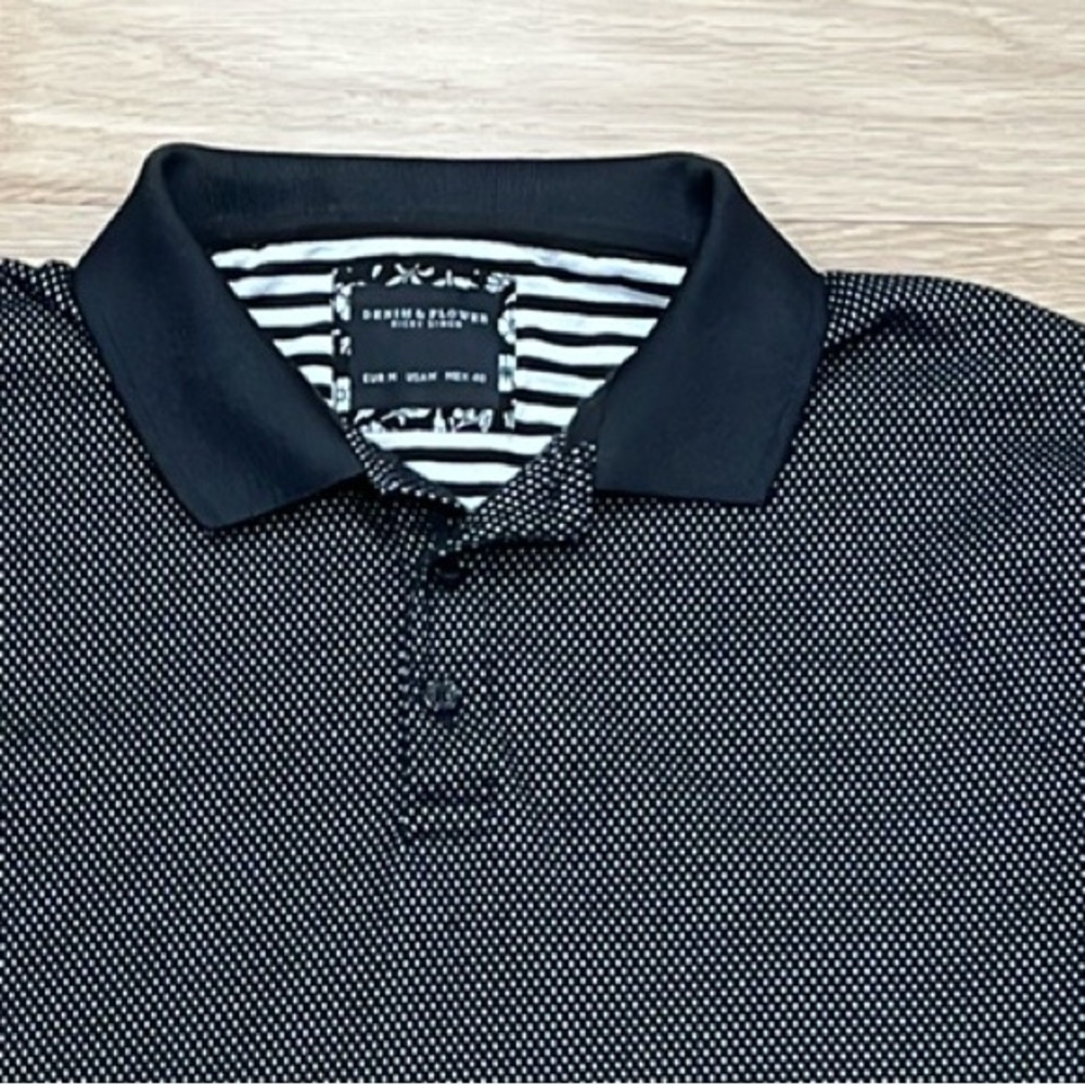 DENIM & FLOWER Ricky Singh Polo Shirt Black Micro White Dot Textured -M - Picture 3 of 10